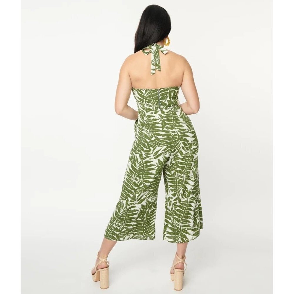 NWT Unique Vintage Green Tropical Print Halter Jumpsuit 4 - Picture 3 of 16